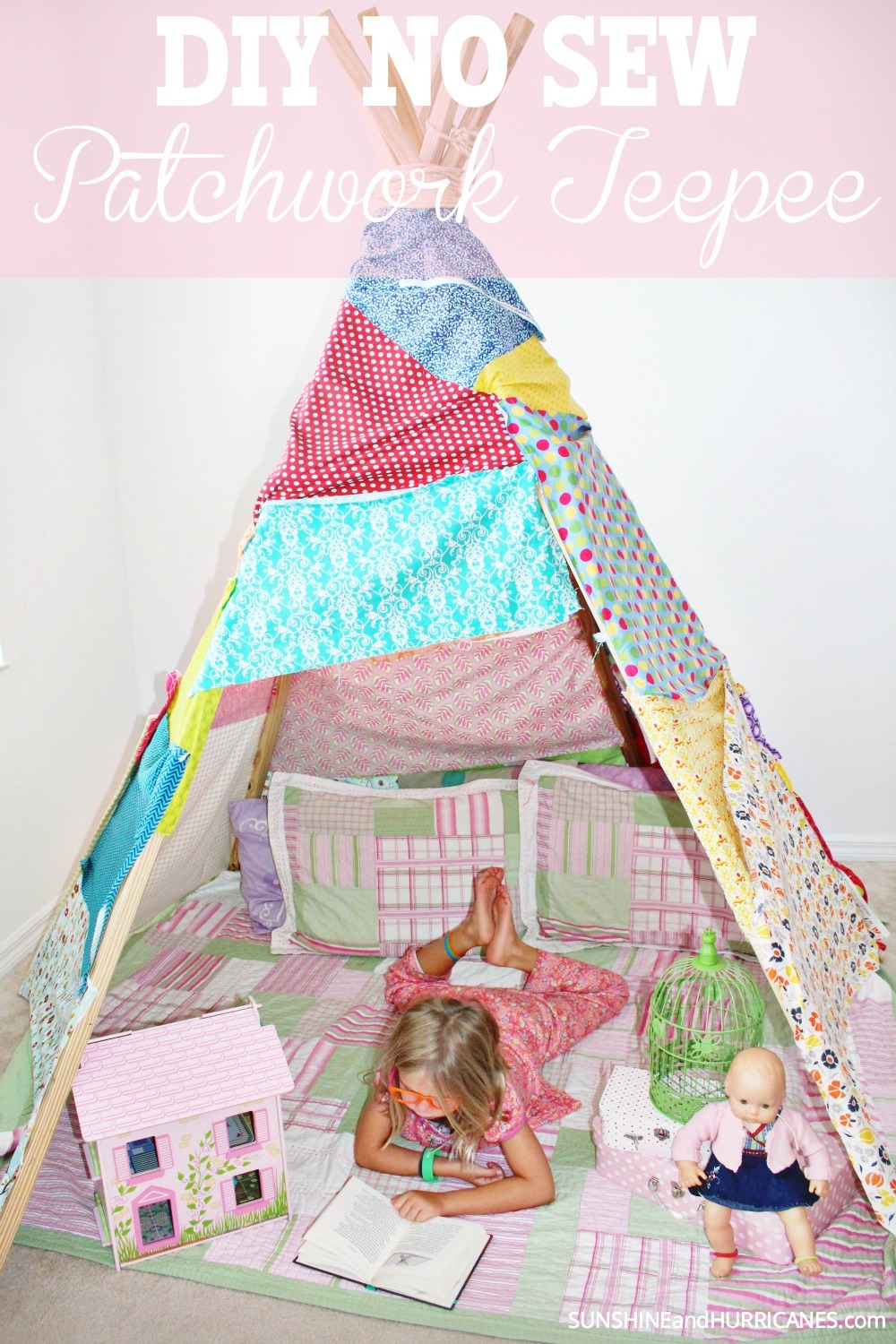 What could be more fun for your child then their very own teepee? A great way to pass the time during cold winter months or rainy summer days. Even better, it's so easy to build you won't believe it. No expertise in DIY needed. No Sew Patchwork Teepee DIY. SunshineandHurricanes.com