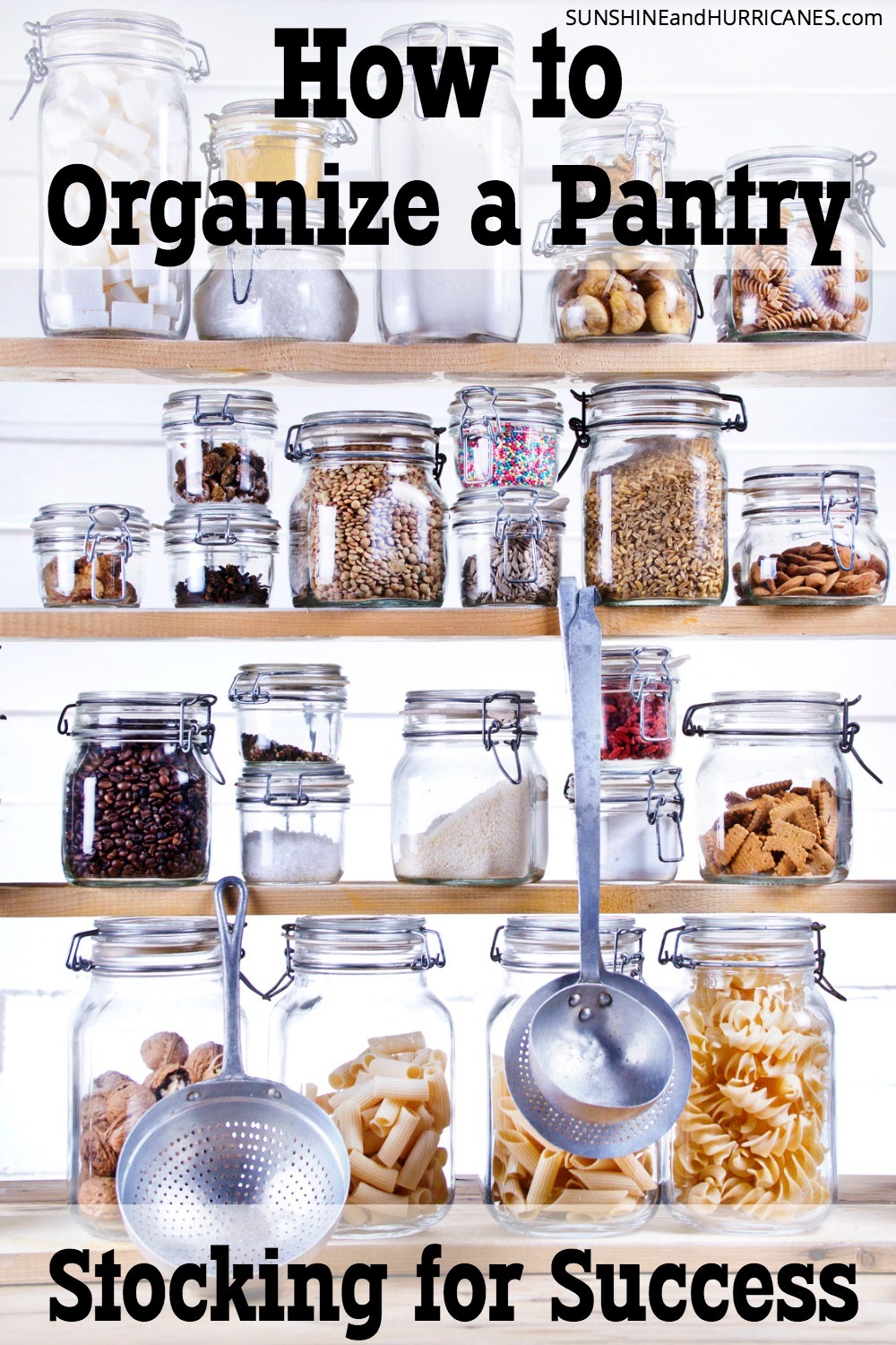 We don't have to be great planners or even all that organized to set up a pantry that is stocked for success. I like to consider this a practice guide for how to organize a pantry. It sets you up so on those weeks when things are hectic and maybe meal planning just isn't happening (or maybe you're just not a meal planner) this system will still make it easy to find what your looking for and get meals on the table quickly and stress-free. How to Organize a Pantry at SunshineandHurricanes.com