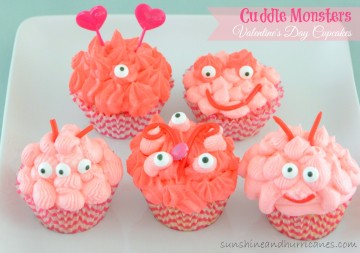 These cute little Valentine's Day Cupcakes are perfect for a class party or a baking day with the kids. Cuddle Monster Valentine's Day Cupcakes. sunshineandhurricanes.com