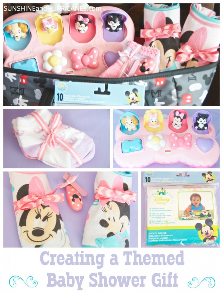 Looking for a unique gift for a mom to be or a new baby? Why not consider creating a themed baby shower gift with items that represent something meaningful to the mom? Here is one example using Disney Baby products. Creating a Themed Baby Shower Gift. SunshineandHurricanes.com