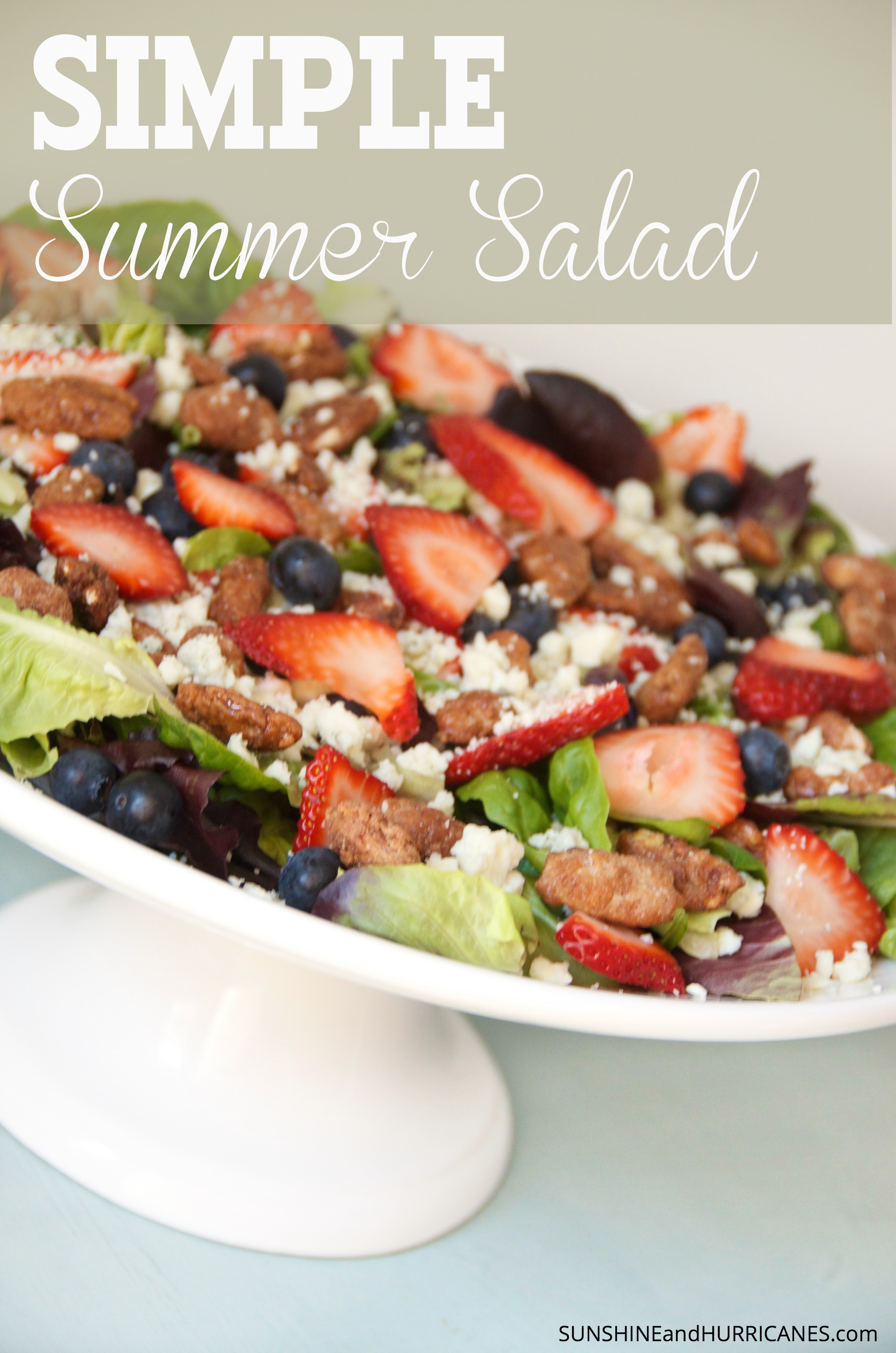 Looking for an easy salad that is sure to please ? Whether you want a light dish for a luncheon or a perfect picnic option, this yummy salad with fresh berries comes together quickly and tastes delicious! Always a favorite for any occasion. Simple Summer Salad. SunshineandHurricanes.com