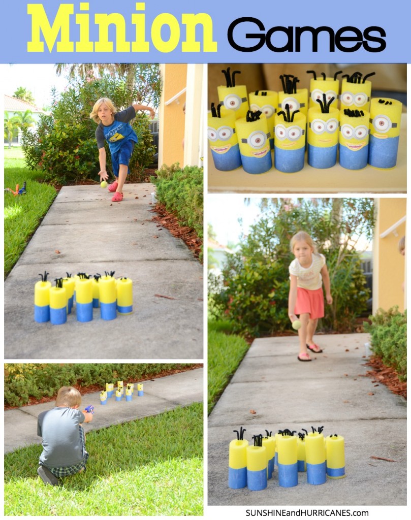 Looking for fun activities for a Minion or Despicable Me Themed Birthday Party? What about an easy way to have some fun with the kids any time? These easy to create pool noodle minions are perfect for nerf games or bowling. Super cute for all sorts of Minion mayhem. Minion Games. SunshineandHurricanes.com 