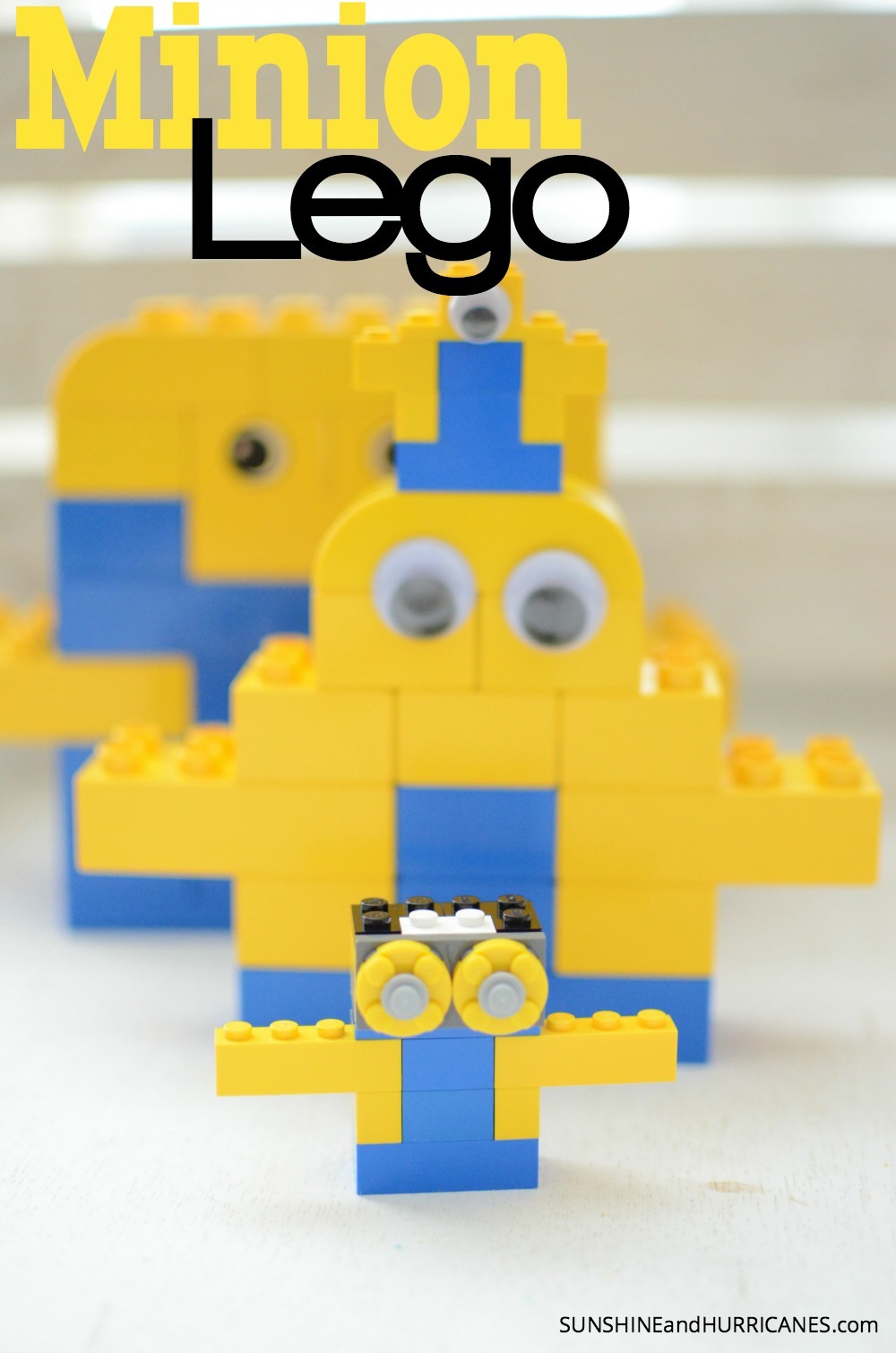 Looking for easy Minion activity that you can use for a Minion Birthday Party or just for some simple lego play for your kids ? A great way for kids to use their imagination and see how they can turn their legos into different Minion characters. Minion Lego. SunshineandHurricanes.com
