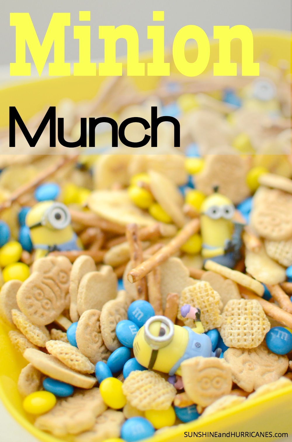 Anyone mad about Minions in your house? Whether you are throwing a minion themed Birthday party or just looking for a fun snack to feed the kiddos any old day, this Minion Munch Snack Mix is super easy to make and will absolutely guarantee tons of minion fun. Minion Munch. SunshineandHurricanes.com