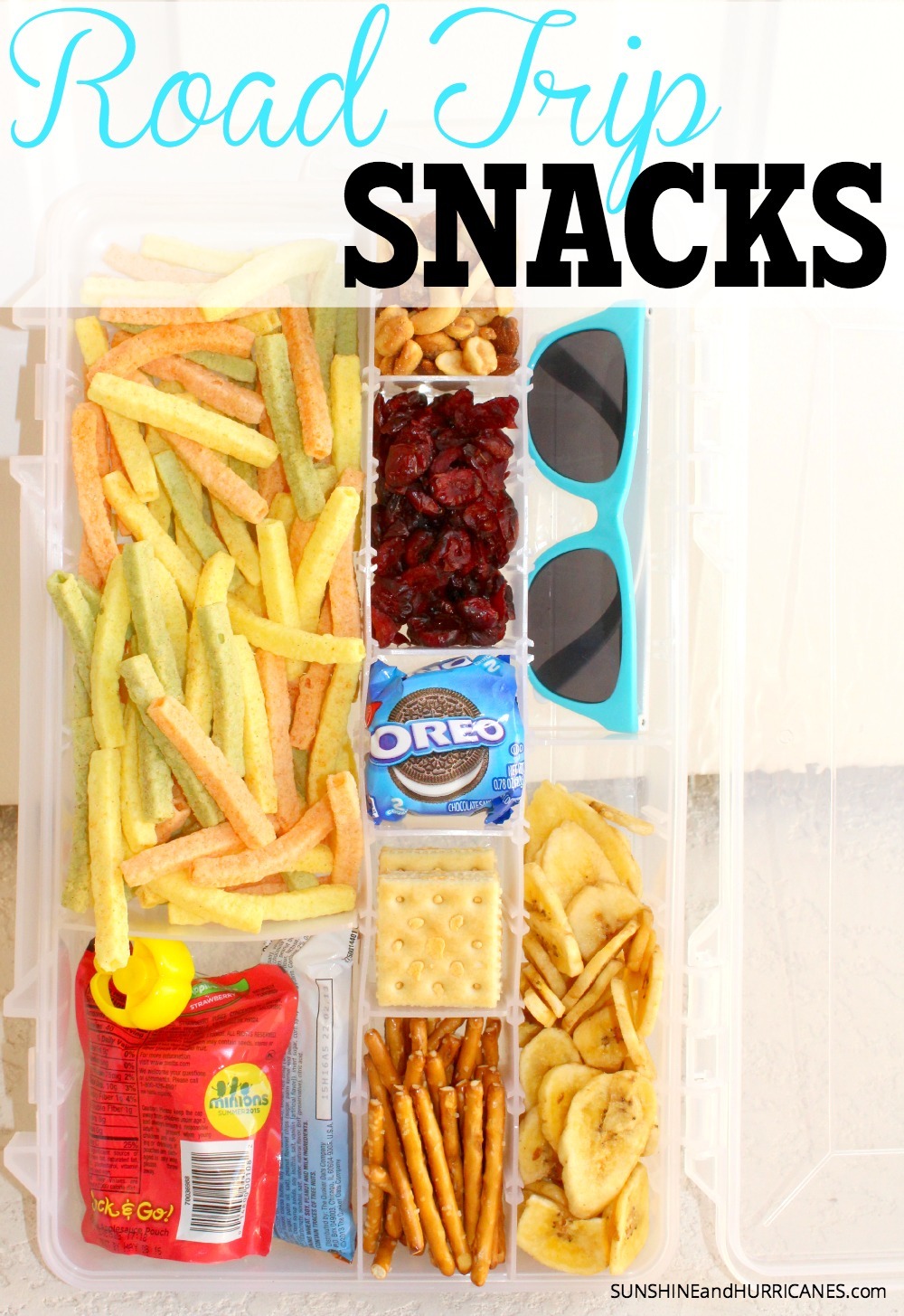 Looking for a super easy and mess free way to carry snacks on a road trip with kids? These cute little dollar store containers can be filled with all your favorites and packed for stress free on the go snacks. Road Trip Snacks. SunshineandHurricanes.com