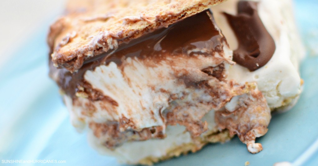 Looking for super easy and quick cool treat to serve at a summer party or get together? This 10 Minutes S'mores Ice Cream Sandwich Cake tastes amazing and will wow guests. No one will believe how fast it came together. Delicious. SunshineandHurricanes.com