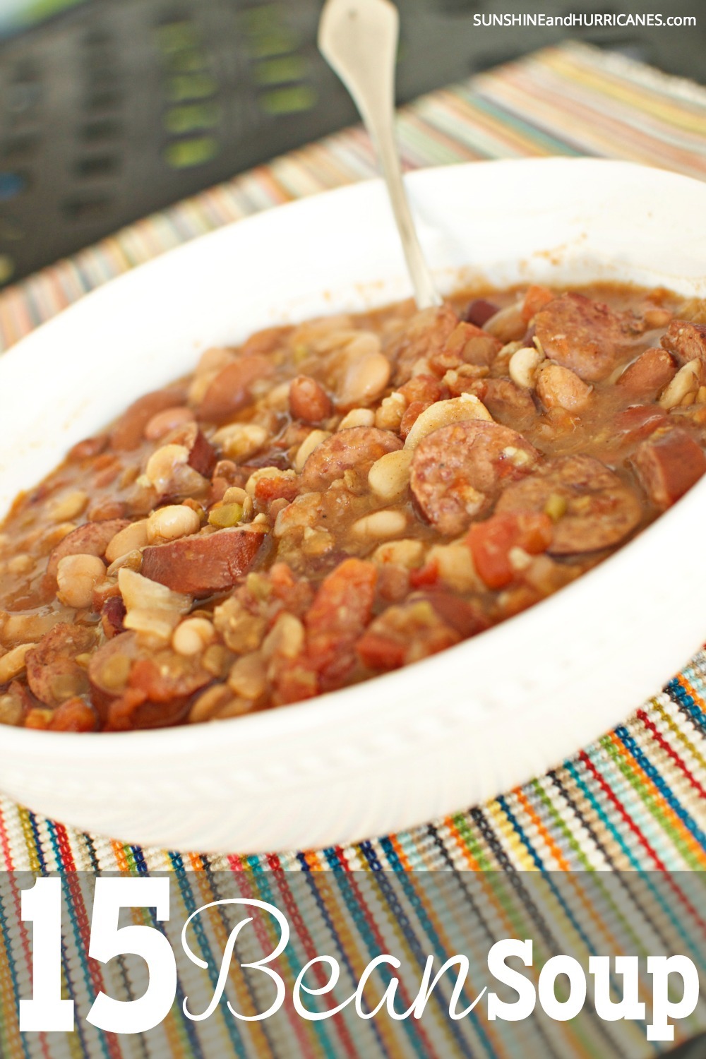 Looking for the perfect comfort food to feed your family on a chilly fall or winter day? This 15 bean soup recipe savory and delicious. An easy family meal with leftovers to freeze or use for school lunches. 15 bean soup. SunshineandHurricanes.com