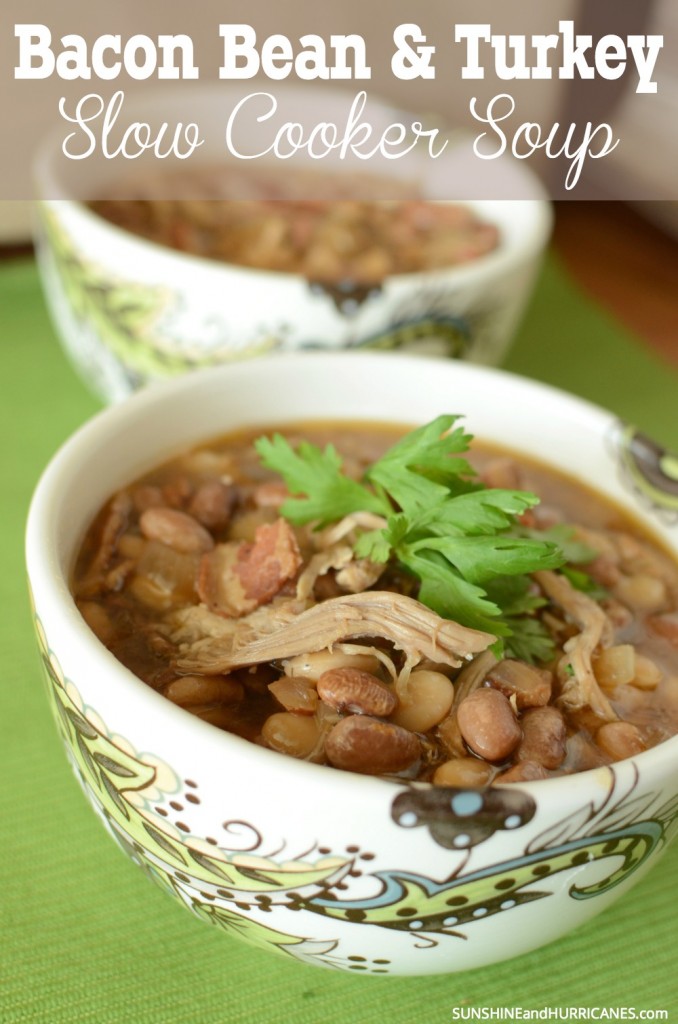 Looking for an easy and tasty weeknight meal? You can't go wrong with any recipe that includes bacon and your slow cooker. Give this recipe for Bacon Bean and Turkey Slow Cooker soup a try and you may find you've got a new family favorite. A great way to use holiday leftovers as well since you could just as easily use ham instead of turkey. Yum! SunshineandHurricanes.com