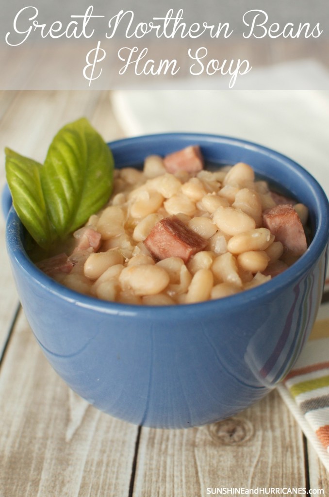 Looking for a tasty and warm meal on a chilly day? This recipe only requires three ingredients and is sure to be enjoyed by the whole family. It's great if you have leftover ham or turkey around the holidays too!  Great Northern Beans and Ham Soup. SunshineandHurricanes.com