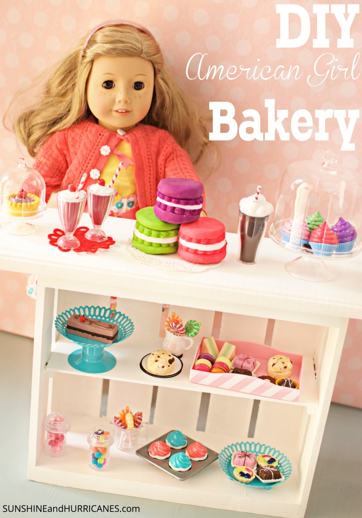 Here's a fun and easy DIY American Girl Doll Bakery that will save you money and build a memory if you make it with your daughter or granddaughter! This all wood market stand is simple and a fabulous afternoon project for the 18 inch doll lover in your life! Make fun food , especially desserts, that girls will love creatively playing with! This super DIY American Girl Doll  Bakery is one of a kind and makes a fantastic gift, too!