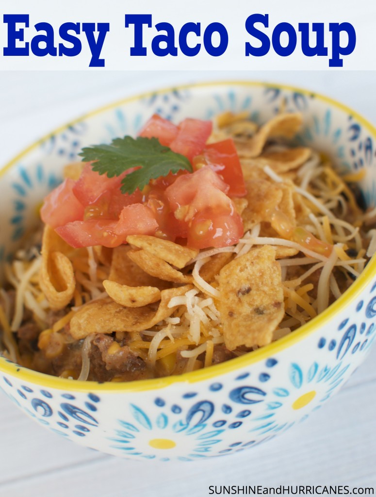 This simple and hearty soup cooks up perfectly in the crock pot and freezes well. This easy taco soup, made in the slow cooker, gives a whole new spin on Taco Tuesday! Beans, cheese, tomatoes, and corn join with spices to create a delicious, satisfying meal even the kids will love!