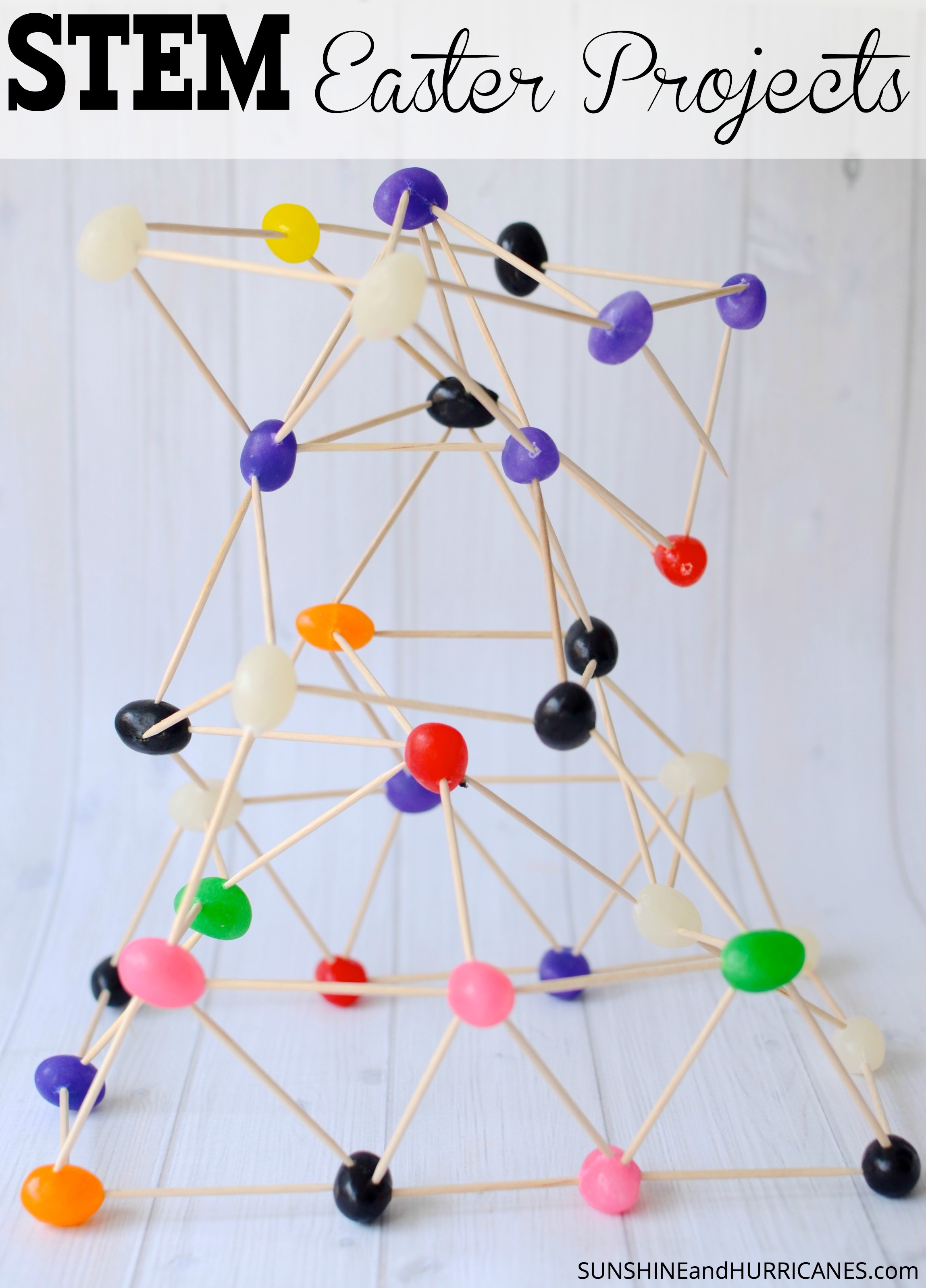 Looking for a fun and education Easter activity that will keep your kids busy for hours (okay at least one hour)? This STEM Easter engineering project using jelly beans is colorful and engaging for kids of all ages. STEM Activities for Kids Easter Project. SunshineandHurricanes.com 