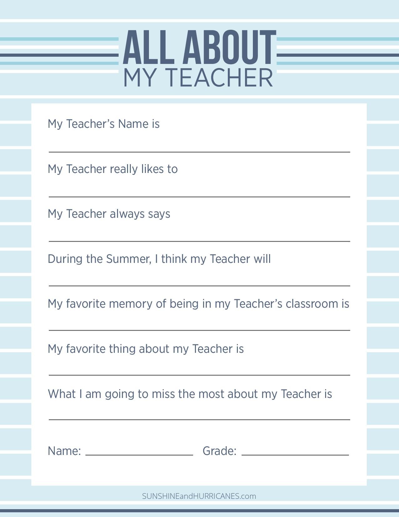 This Teacher Appreciation Questionnaire would make the perfect teacher gift for end of year or any occasion. SunshineandHurricanes.com