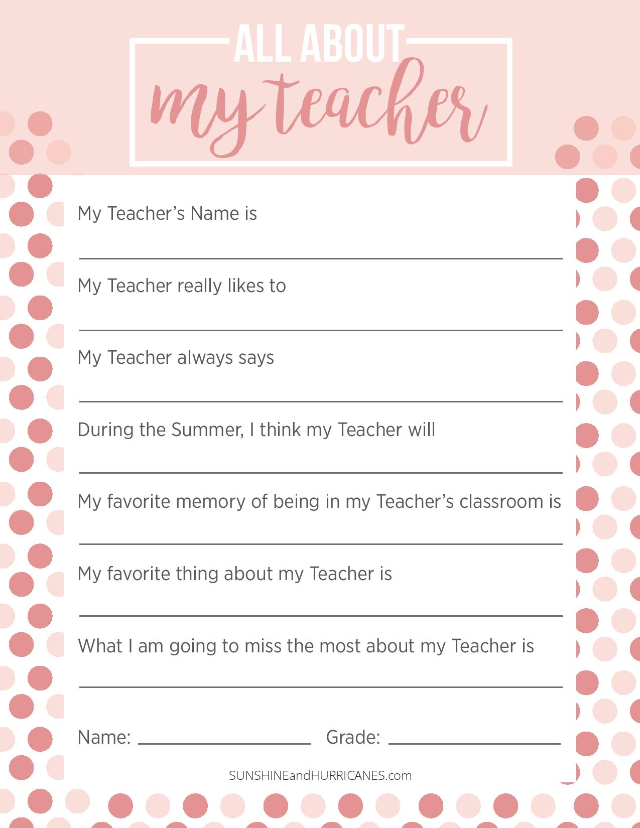 This teacher appreciation week questionnaire is the perfect teacher gift for any occasion. Personalize and meaningful it is a gift she will always treasure. SunshineandHurricanes.com