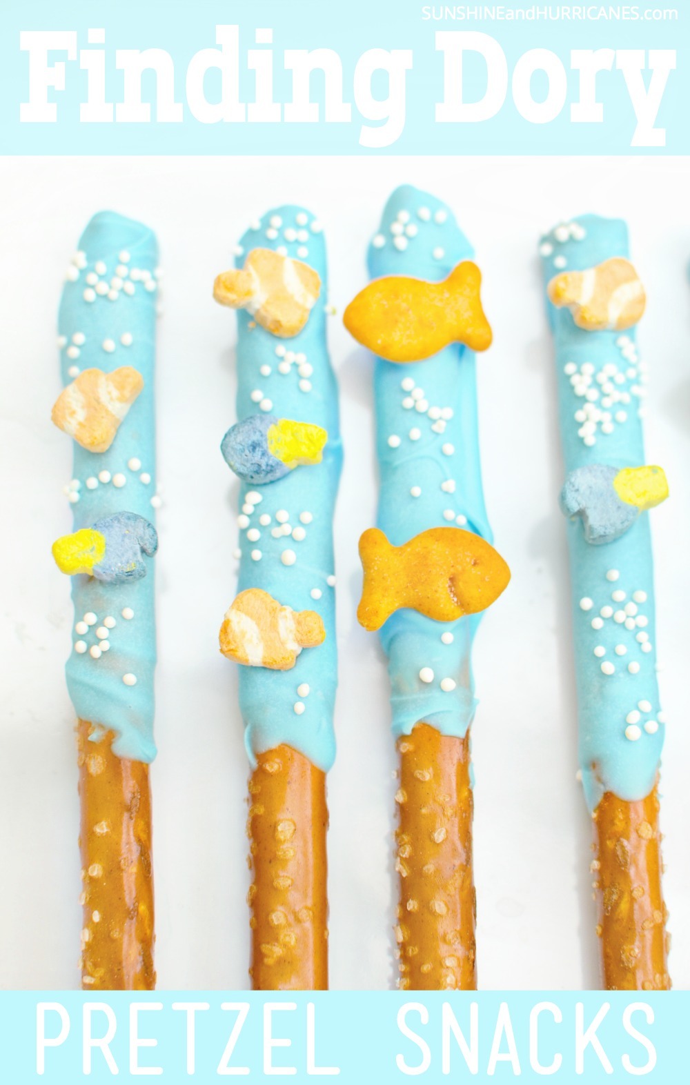 Planning a Finding Dory Birthday Party? These adorable dipped pretzel rods with their under the sea theme would be a perfect party snack! They would also work for a Finding Nemo Party, An Under the Sea Party or even just a pool party. Simple to make, fun to eat, kids will love them. Finding Dory Snacks from SunshineandHurricanes.com
