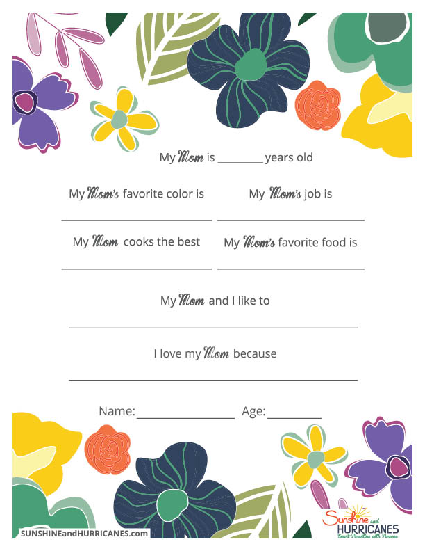 This Printable Mother's Day Questionnaire is a thoughtful gift that will truly make Mom's special day. Whether for Mother's Day or a Birthday, she will love hearing what her kids have to say from the funny to the truly sweet. Mother's Day Questionnaire from SunshineandHurricanes.com