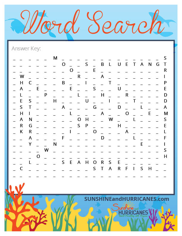 Finding Dory Kids Word Search Key