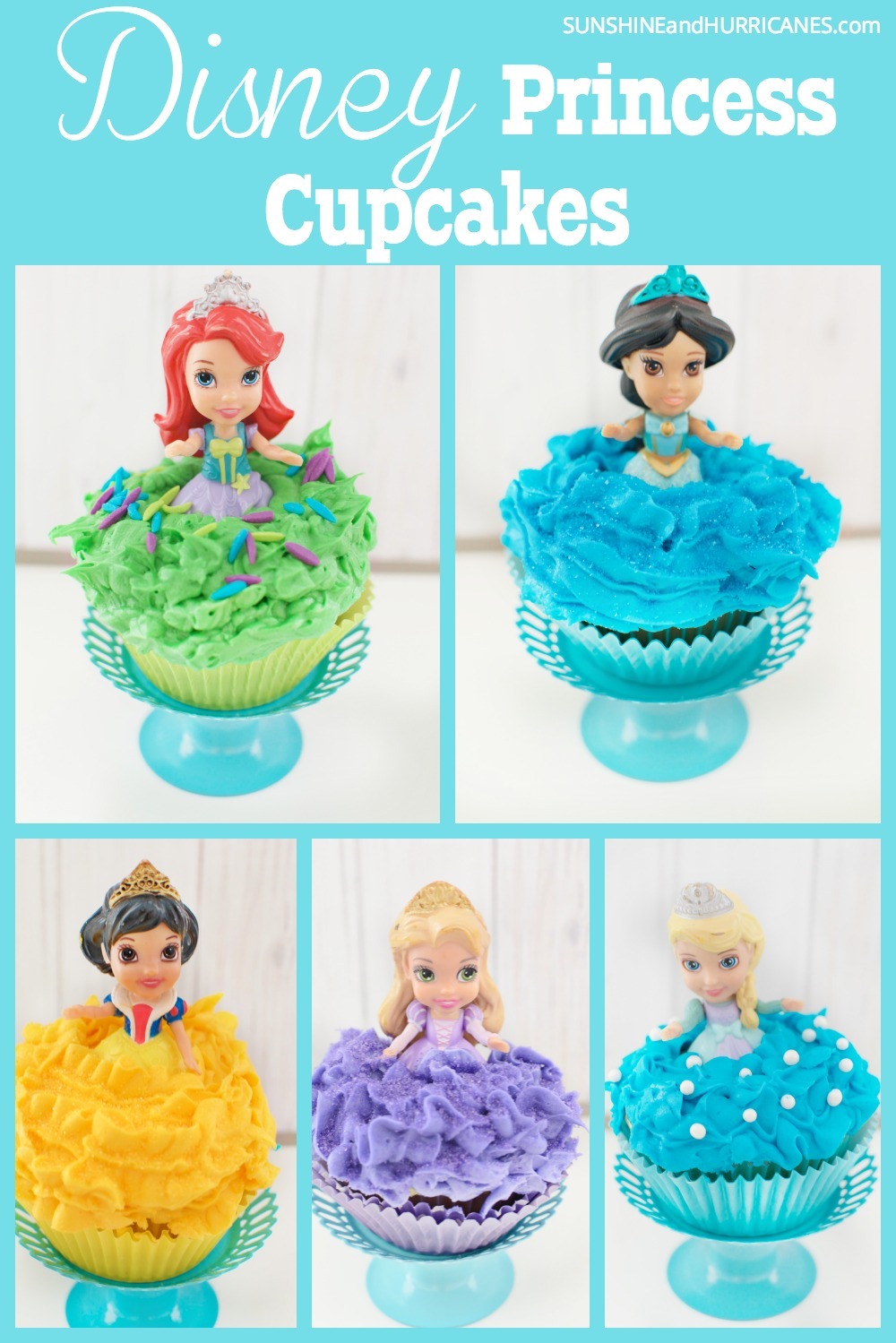 Looking for an easy way to create a big WOW for a Disney Princess Party? These Disney cupcakes, featuring five different princess cupcakes are adorable and the perfect sweet treat for any little girl's birthday party. Disney cupcakes - Disney Princess Cupcake at SunshineandHurricanes.com