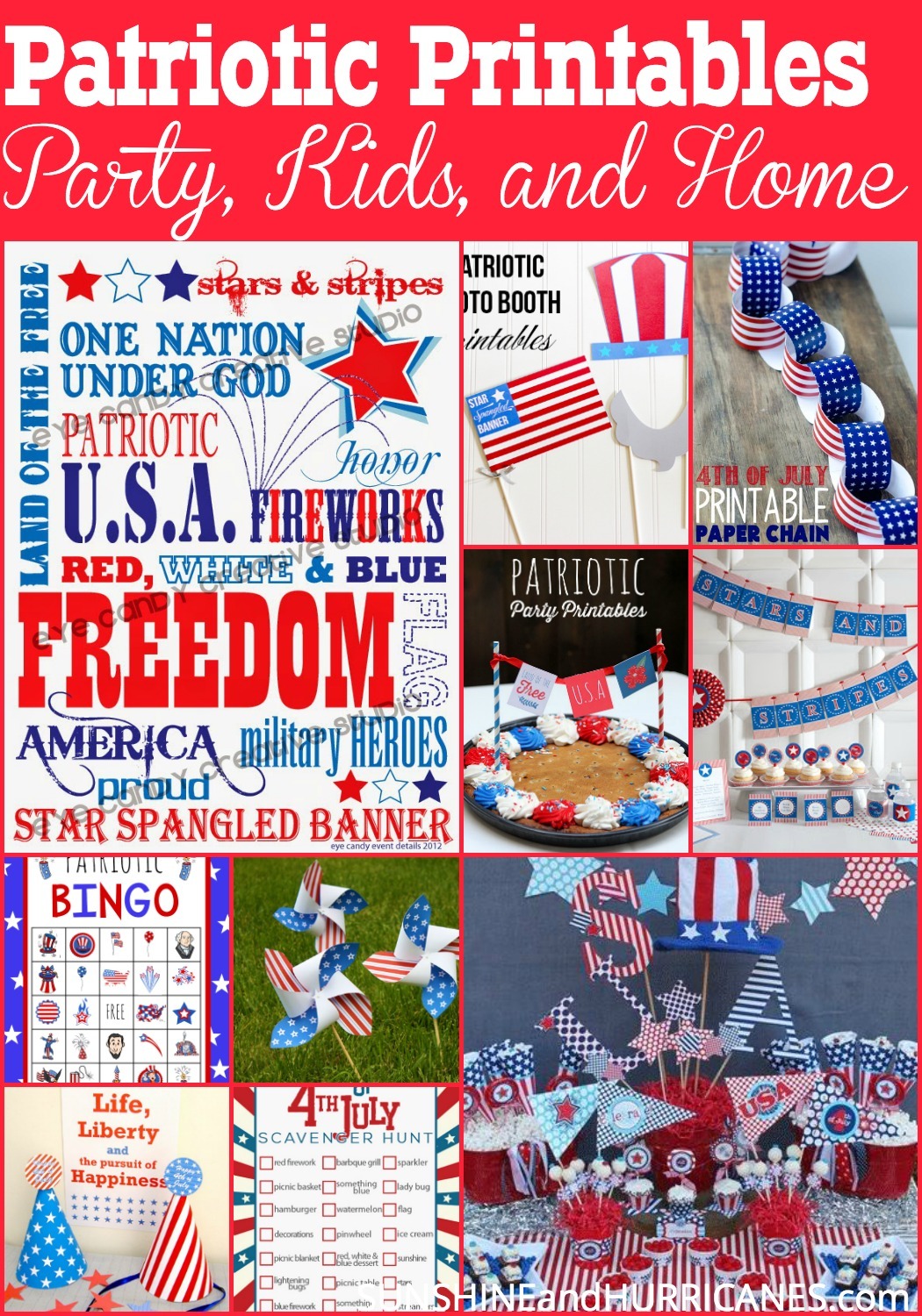 Everything you need to celebrate any Patriotic Event, these printables are FREE and will make your BBQ, party, or home festive and exciting! Whether you want to add a patriotic flair to your decor or quickly make your party something special, these printables are your answer! Activities for the kids and fun ideas for the 4th of July, Memorial Day and Labor Day included!