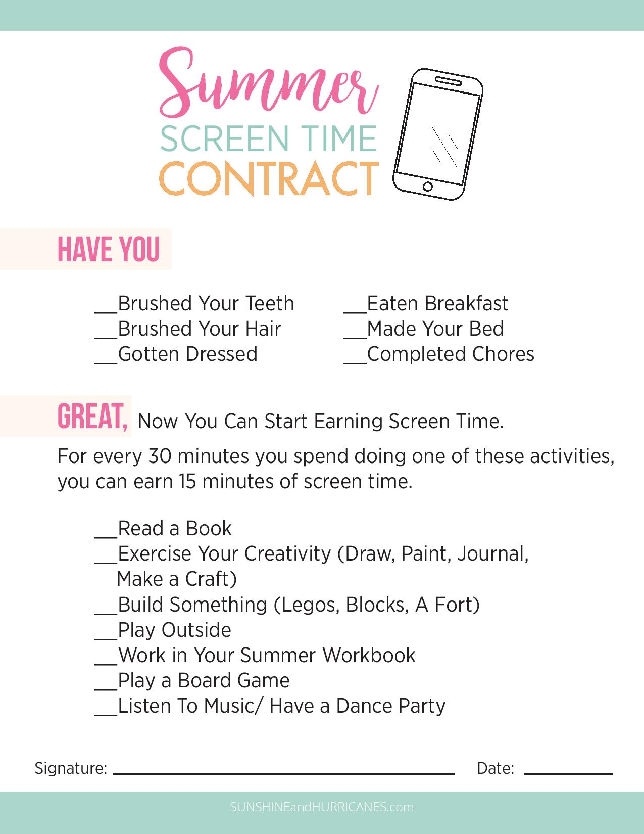 Stop the summer screen time battles and keep your kids from turning into tech zombies with this printable summer screen time contract. 