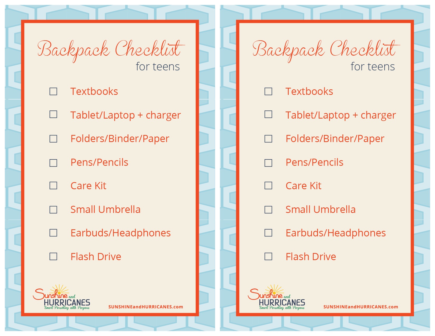 Teen Organization Backpack Checklist