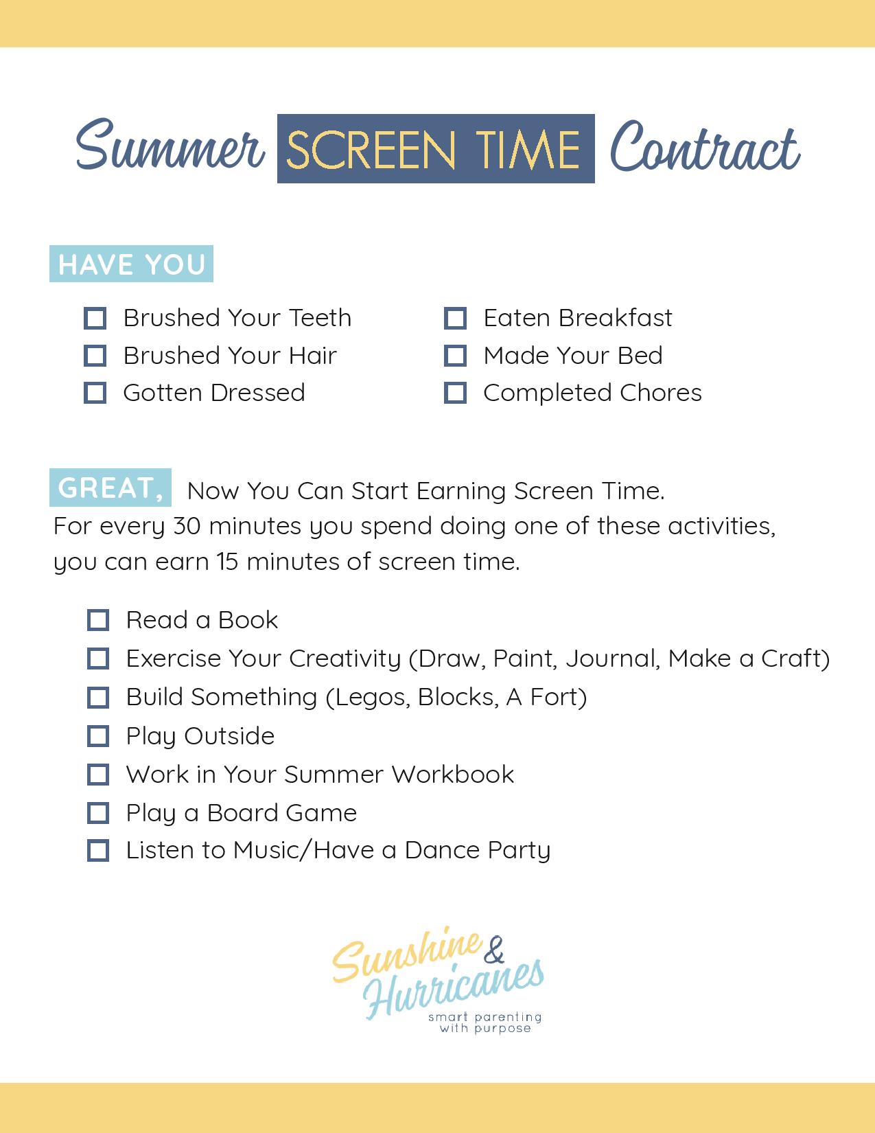 Summer Screen Time Contract