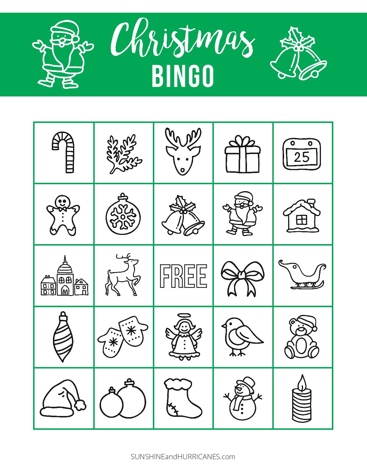 This Christmas BINGO Printable is perfect for a school holiday party or a holiday themed family game night. A great Christmas activity for kids! Sunshine and Hurricanes. 
