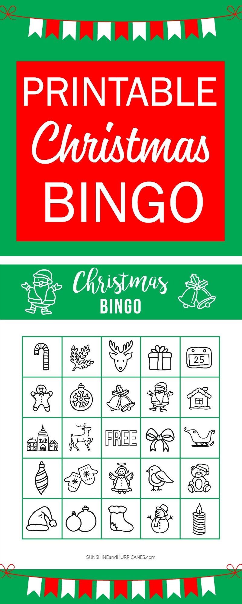 This Printable Christmas BINGO is perfect for a school holiday party or a holiday themed family game night. A great Christmas activity for kids! Sunshine and Hurricanes.