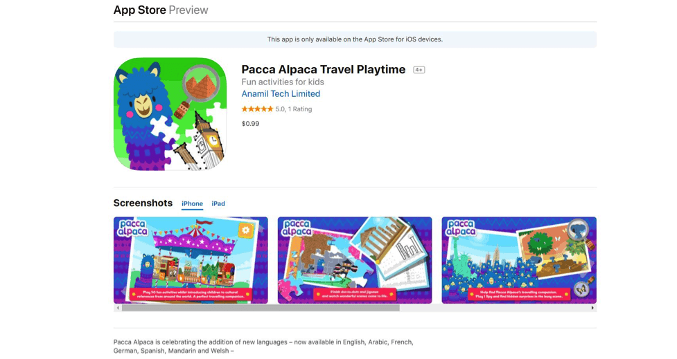 Pacca Alpaca Travel Playtime. Foreign Language Learning App for Kids